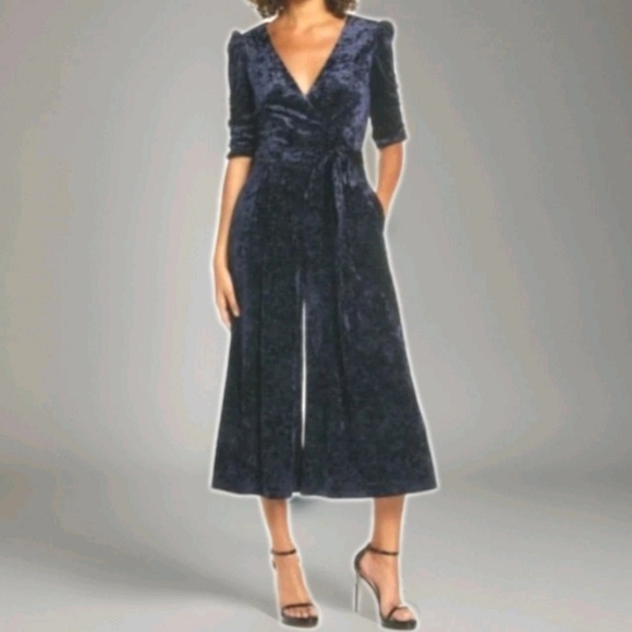 Chelsea28 Velvet Sparkle Wide Leg Jumpsuit Sz 16W Blue Velour Culottes Capri Nwt